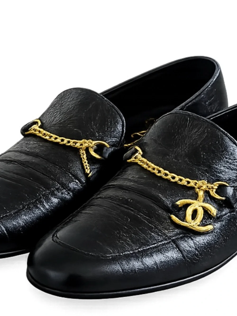 CHANEL Black Leather Loafers with Gold Chain CC Charm - Picture 5 of 6